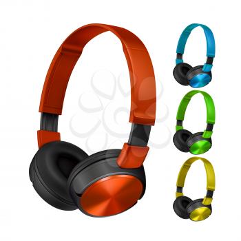 Headphones Wireless Electronic Device Set Vector. Stylish Modern Headphones For Listening Music. Dj Audio Gadget Accessory For Listen And Enjoying Song Template Realistic 3d Illustration