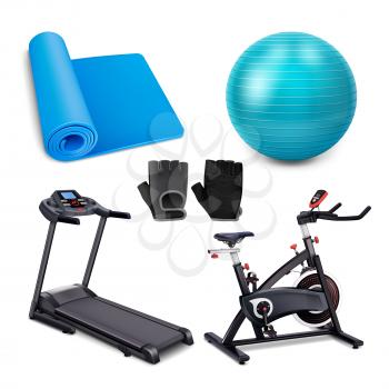 Sport Equipment For Exercising In Gym Set Vector. Fitness Mat And Pilates Ball, Gloves Athlete Sportswear, Treadmill And Exercise Bike Sport Tools. Training Tools Template Realistic 3d Illustrations