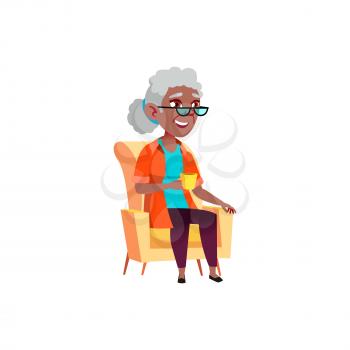 smiling aged woman sitting in armchair and drink tea cartoon vector. smiling aged woman sitting in armchair and drink tea character. isolated flat cartoon illustration