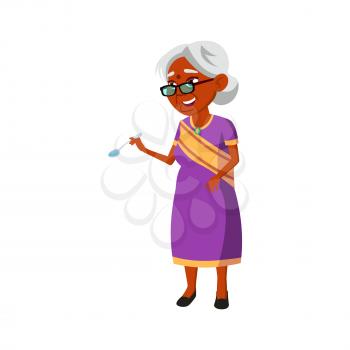 old indian woman taste dish in canteen cartoon vector. old indian woman taste dish in canteen character. isolated flat cartoon illustration