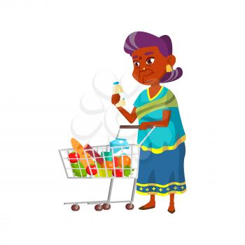 indian granny putting milk bottle in market cart cartoon vector. indian granny putting milk bottle in market cart character. isolated flat cartoon illustration