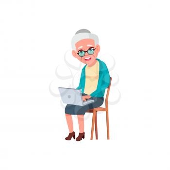 elderly lady order medicaments online on laptop cartoon vector. elderly lady order medicaments online on laptop character. isolated flat cartoon illustration
