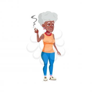 african elderly woman smoking cigarette on street cartoon vector. african elderly woman smoking cigarette on street character. isolated flat cartoon illustration