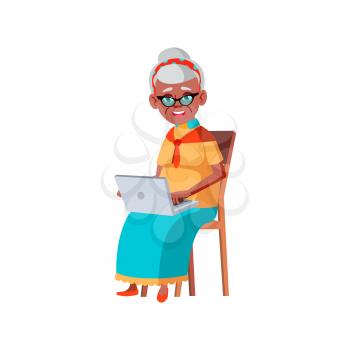 happy aged woman laughing from funny video clip on laptop cartoon vector. happy aged woman laughing from funny video clip on laptop character. isolated flat cartoon illustration