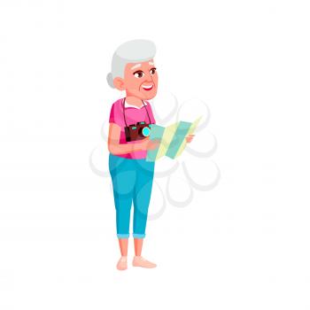 elderly woman tourist with photo camera searching monument on guide map cartoon vector. elderly woman tourist with photo camera searching monument on guide map character. isolated flat cartoon illustration