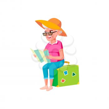 mature age woman sitting on luggage and researching map cartoon vector. mature age woman sitting on luggage and researching map character. isolated flat cartoon illustration
