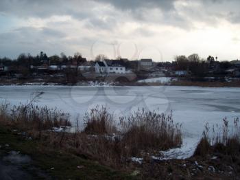 The lake frozen in winter, ice