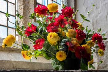 Floral arrangement of vibrant red and yellow cut flower Dahlias