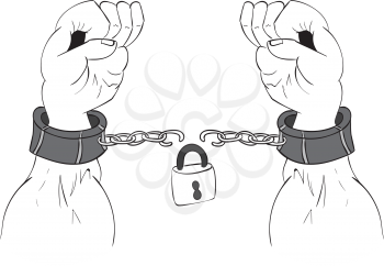 Gray metal chains with shackles on hands silhouette on white background.