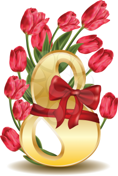 Colorful 8 March greeting card with pink tulips and red bow.