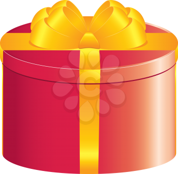 Round gift box of red color with golden bow on white background.