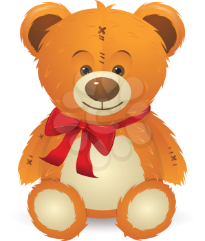 Cute happy teddy bear toy with red bow illustration.