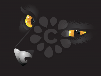 Cartoon cat with yellow eyes on black background.