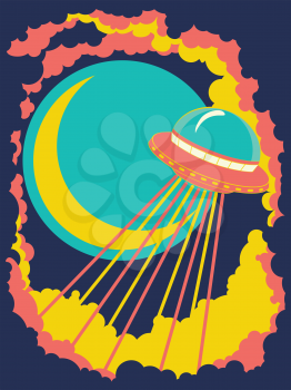 Abstract flying ufo ship vintage poster design, flying saucer illustration.
