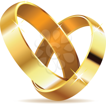 Two wedding rings in shape of heart on white background.