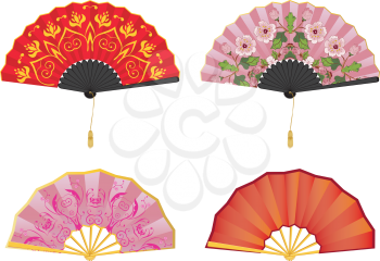 Collection of decorative oriental folding paper fans on white.