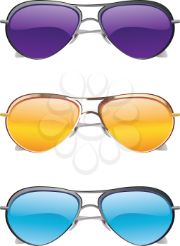 Set of colorful sunglasses on white background.