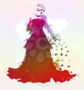 Beautiful blonde woman in red dress with rose petals, grunge illustration.