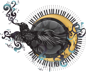 Black raven over crescent moon with audio speaker and piano keyboard with music notes.
