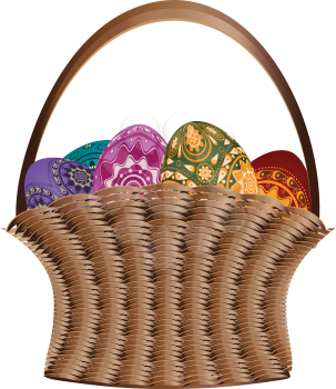 Woven basket with colorful easter eggs on white background.