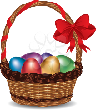 Wicker basket with glossy Easter eggs and a red bow. 
