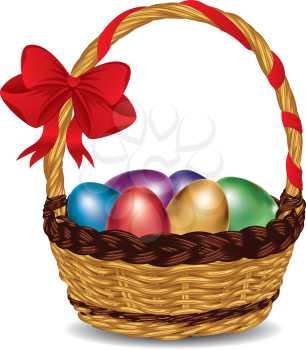 Wicker basket with glossy Easter eggs and a red bow. 