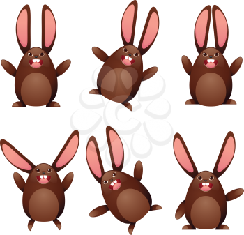 Set of cute chocolate egg shaped bunnies on white background.