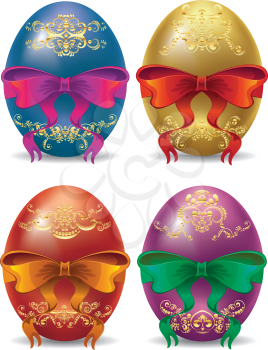 Colorful Easter eggs with festival bows on white background.