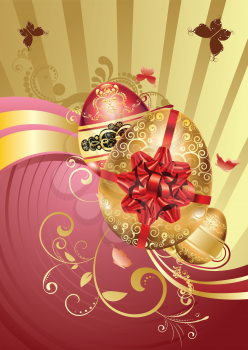 Bright background with decorative floral ornament and Easter eggs.