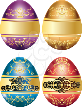 Collection of Easter eggs with decorative floral ornament and ribbon.