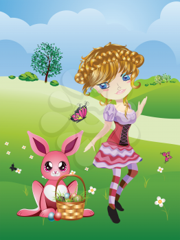 Pink bunny with basket of Easter eggs and girl on grass field.