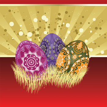 Easter card of gold and red color with colorful eggs.