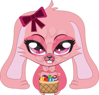 A cute pink bunny rabbit with a basket of Easter eggs.