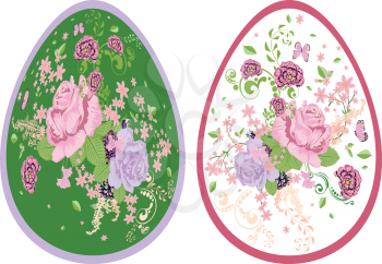 Romantic decorative flower ornament with roses on Easter eggs.