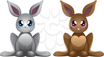 Two cartoon bunnies of white and brown colors.