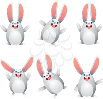 Set of cute white egg shaped bunnies on white background.