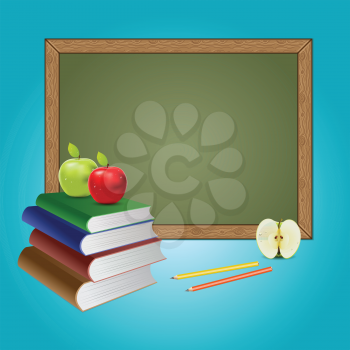 Green chalkboard, books and apples on blue background.