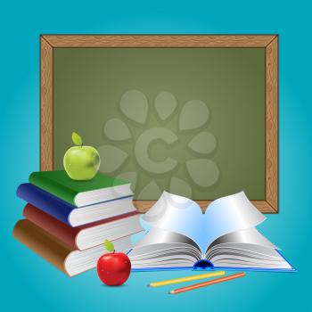 Green chalkboard, books and apples on blue background.