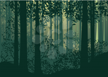 Deciduous forest landscape with silhouettes of trees and grass in green mist.