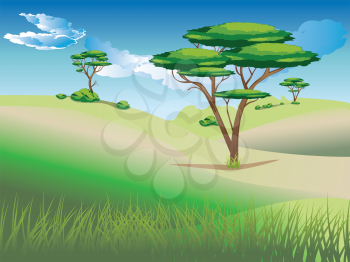 Illustration of african landscape, savanna nature with trees.