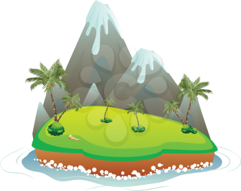 Illustration of cartoon volcano on a peaceful island.