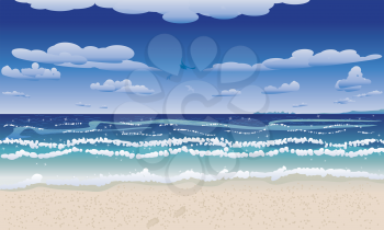 Background with waves of the ocean, blue sky and beach.