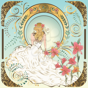 Vintage illustration with girl sits in fluffy bridal gown and floral ornaments, art nouveau inspired art.