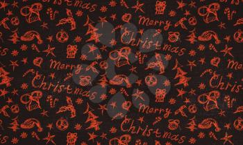 Cartoon hand drawn christmas icons of orange color background.