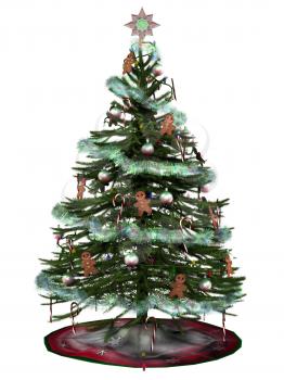 3D digital rendered illustration of decorated christmas tree on white background.