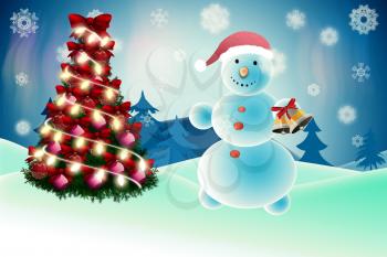 Illustration of snowman and xmas tree background.
