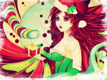 Santa girl in green corset on grunge colorful candy background.