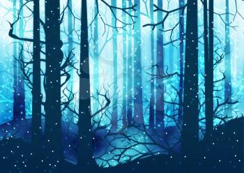 Winter foggy forest at night with trees silhouettes illustration.