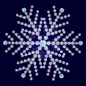 Beautiful snowflake made from diamonds on dark blue background.