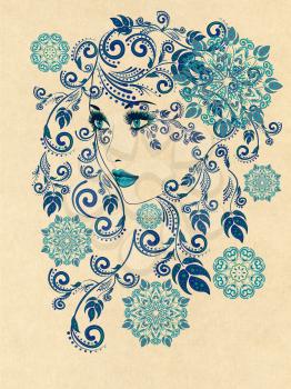 Decorative colorful snowflakes, floral ornament and female portrait, grunge background.